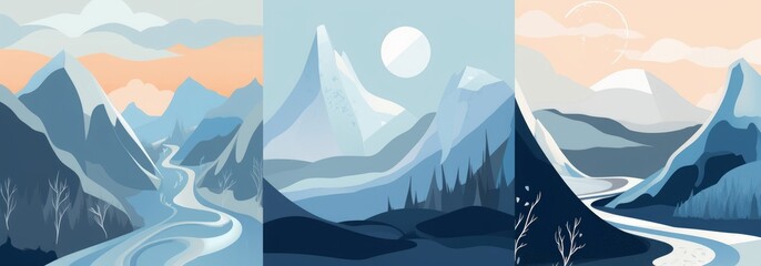 Winter mountains and landscape. Hand drawn  illustrations.