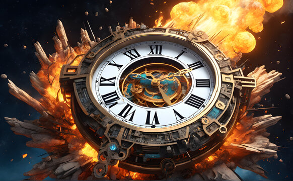Wasting Time, Burning Clock, Exploding Clock, Time Concept, Generative AI