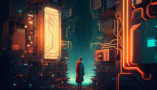 Man in a cyberpunk city. Digital futurstic environment.