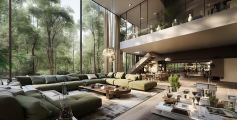 a modern double height living room with large glass and modern furniture