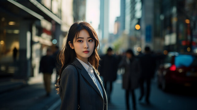 スーツを着た女性 日本人 人物 仕事 ビジネス 社会人 街頭 街角 働く 入社式 AI画像 | woman in suit, Generative AI