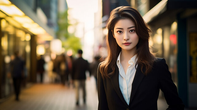 スーツを着た女性 日本人 人物 仕事 ビジネス 社会人 街頭 街角 働く 入社式 AI画像 | woman in suit, Generative AI