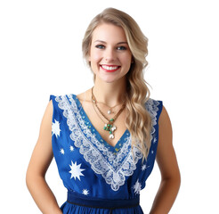 Australian women are smiling happily in beautiful colorful dresses on a transparent background.