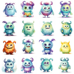 set of cute colorful aquarell monsters isolated on white background