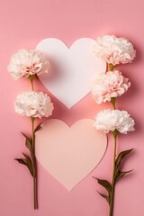  Mother's Day gift idea concept. Top vertical view flat lay of stunning carnation flowers, and pink paper hearts on a pastel pink background with three, Generative AI
