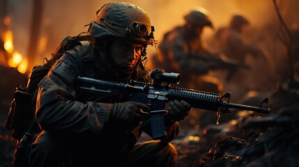 Heavily Armed Soldiers Holding Rifles In War