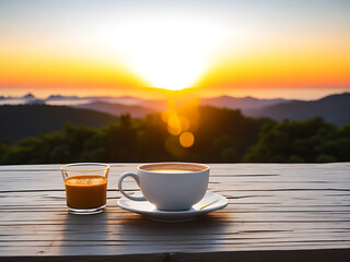 Coffee cup with orange juice on wooden table and beautiful sunrise.