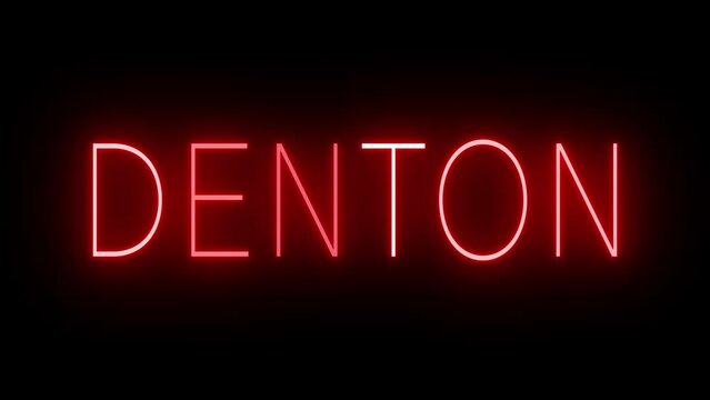 Red flickering and blinking animated neon sign for the city of Denton