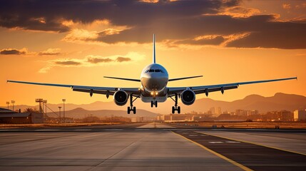 Fototapeta na wymiar Photo of an airplane taking off on runway at the airport terminal