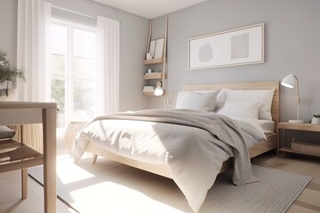 Fototapeta na wymiar Scandinavian Bedroom: Design a bedroom with a Scandinavian - inspired design, using light colors, natural materials, and minimalistic decor. Generative AI
