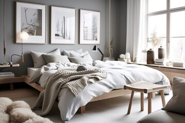 Scandinavian Bedroom: Design a bedroom with a Scandinavian - inspired design, using light colors, natural materials, and minimalistic decor. Generative AI