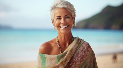 Photography of a pleased, woman in his 60s that is wearing a classic sarong against an exotic island beach background. Generative AI - obrazy, fototapety, plakaty