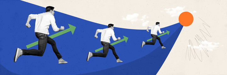 3d retro abstract creative artwork template collage of hurrying guy running target isolated...