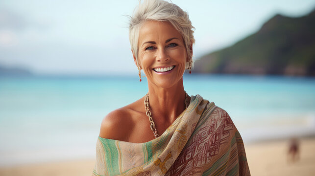 Photography of a pleased, woman in his 60s that is wearing a classic sarong against an exotic island beach background. Generative AI