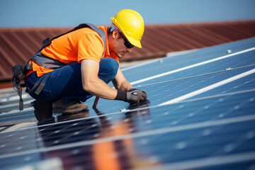 At Sunlight man worker fixes solar panels on a metal basis, A worker fixing solar panels on the...
