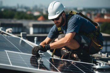At Sunlight man worker fixes solar panels on a metal basis, A worker fixing solar panels on the roof, and a male fixing a solar panel in the daytime. 