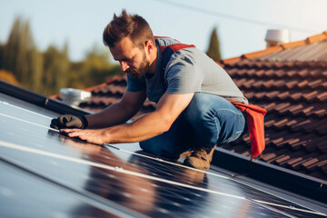 At Sunlight man worker fixes solar panels on a metal basis, A worker fixing solar panels on the...