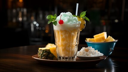 Glasses with pina colada cocktail at the bar.