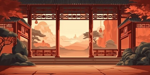 Fototapeta na wymiar illustration of interior scene of ancient Chinese palace, generative AI