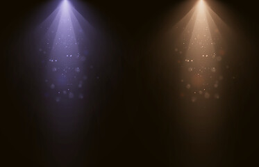 Searchlights. Light effect stage for presentation illuminated by spotlights. Vector illustration.