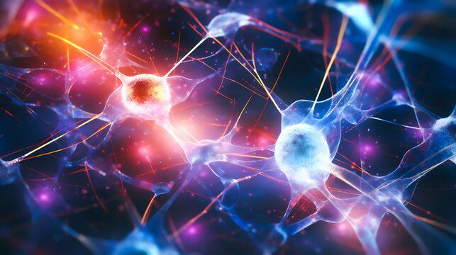a close-up of a microscope slide, revealing vibrant stained cells displaying characteristic signs of inflammation and degeneration. The cells are surrounded by a network of interconnected neural fiber