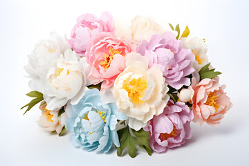 Bouquet of many colored peonies isolated on white background