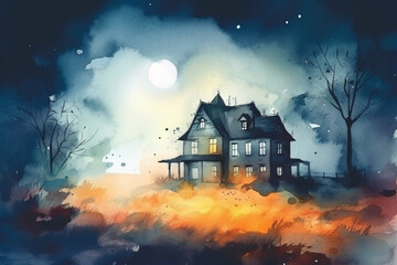 Fototapeta na wymiar Spooky haunted house in a misty night, Watercolor Halloween backgrounds, 