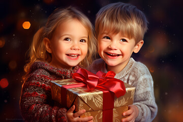 Fototapeta na wymiar A boy and a girl are holding a Christmas present. New Year, Christmas background