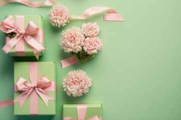  Mother's Day surprise gift concept. Top view flat lay of pretty pink present boxes with ribbon, tulip flowers, paper hearts on a soft pastel purple background with space for text or, Generative AI
