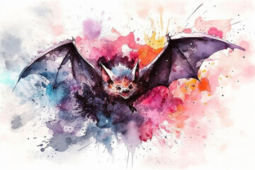 Vampire bat in flight with watercolor splashes, Watercolor Halloween backgrounds, 