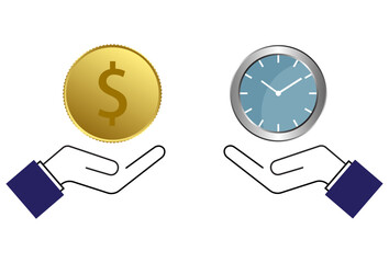 Businessman hands with clock and money. Vector flat illustration on white background.