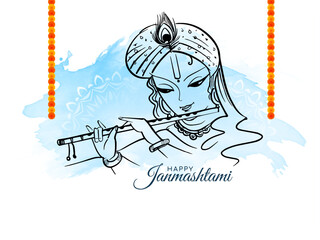 Happy janmashtami festival card with Krishna line art design