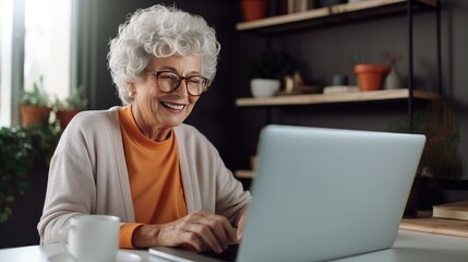 Photography of a pleased, woman in his 90s that is working on a laptop wearing a casual outfit against a home office background. Generative AI