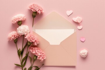  Top view stylish flat lay photo of open envelope with blank card, pretty carnation blooms, and pink paper hearts on a soft pink background, Generative AI