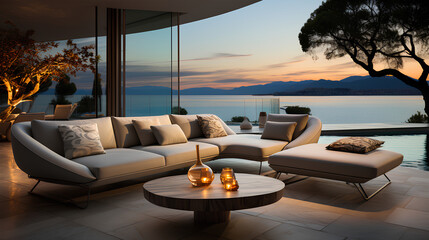 Fototapeta premium Luxury hotel terrace with sea view and sunset. 3d rendering