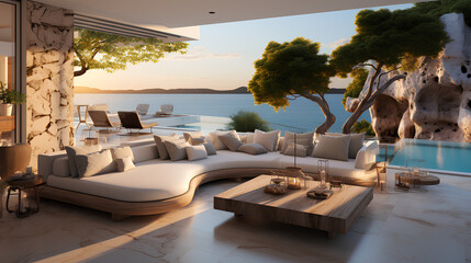 Fototapeta premium 3D rendering of a beautiful terrace with a view of the sea