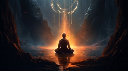 Serene Meditation in the Enchanting Cave with Soft Candlelight, Calming Waterfall, and Tranquil Atmosphere, Copy Space, Generative AI