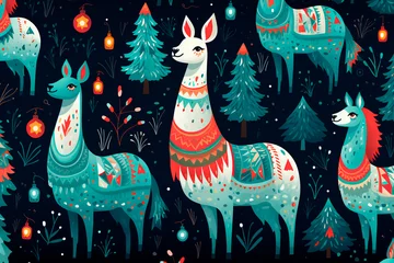 Fotobehang New Year's, Christmas llama pattern. Background, wallpaper © Uliana