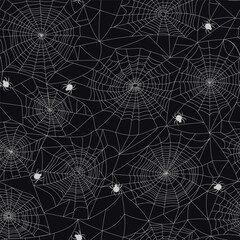 Seamless pattern with spiderweb and spiders. Halloween decoration with cobweb.