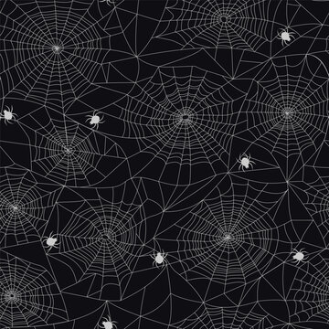 Seamless pattern with spiderweb and spiders. Halloween decoration with cobweb.