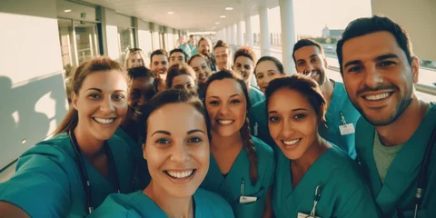 Fotobehang Group of male and female doctors and nurses in a modern medical center, selfie, generative AI © VALUEINVESTOR