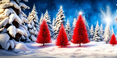 Four red Christmas trees with other snow covered trees in the background in a snow covered forest - AI-Generated