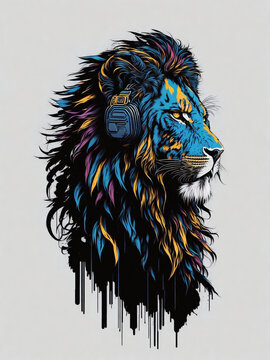 Illustration depicts a lion's fierce head wearing headphones, seamlessly blending the wild spirit with modern music.