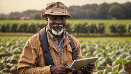 Elderly Black farmer stands in the sun-drenched farm, tablet in hand, exemplifying the merging of age old wisdom with contemporary technology.