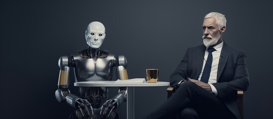Obraz premium Futuristic Robot Man Sitting Next to a Man on a Chair, Generative AI