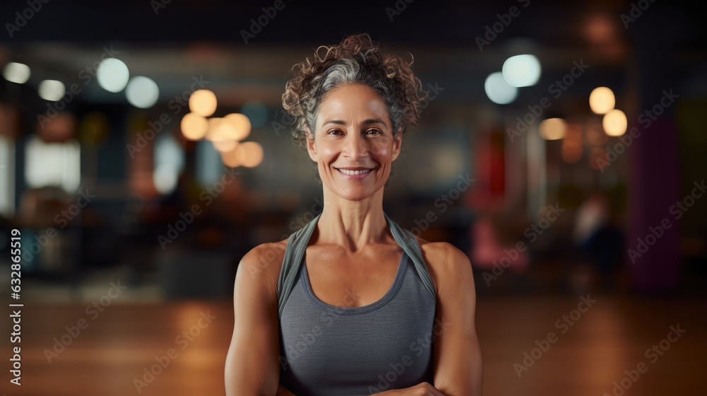 Poster Photography of a pleased, woman that is doing yoga wearing a fitness attire against a yoga studio background. Generative AI