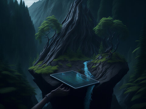 Illustration depicting a person engrossed in their device amidst a serene valley emphasizes the inextricable connection between modern technology and our innate need for nature's tranquility.