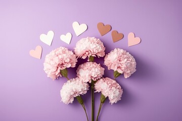  Pretty pink gift concept for Mother's Day. Top view flat lay of bouquet of carnation flowers, paper hearts on a soft pastel violet background with space for text or, Generative AI 