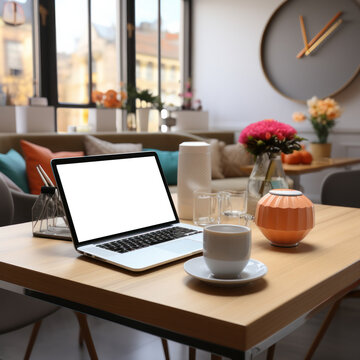 laptop mockup set in an elegant office environment. Nestled on a sleek desk, the laptop commands attention as the centerpiece of a sophisticated and high-end workspace.generative AI