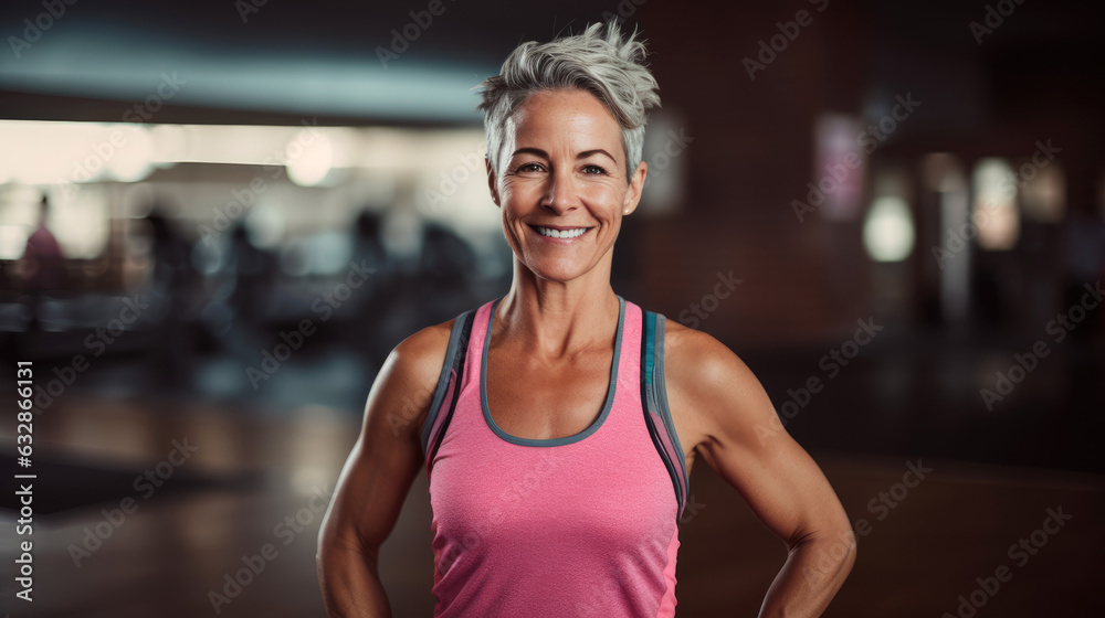 Wall mural Photography of a pleased, woman that is doing yoga wearing a fitness attire against a yoga studio background. Generative AI